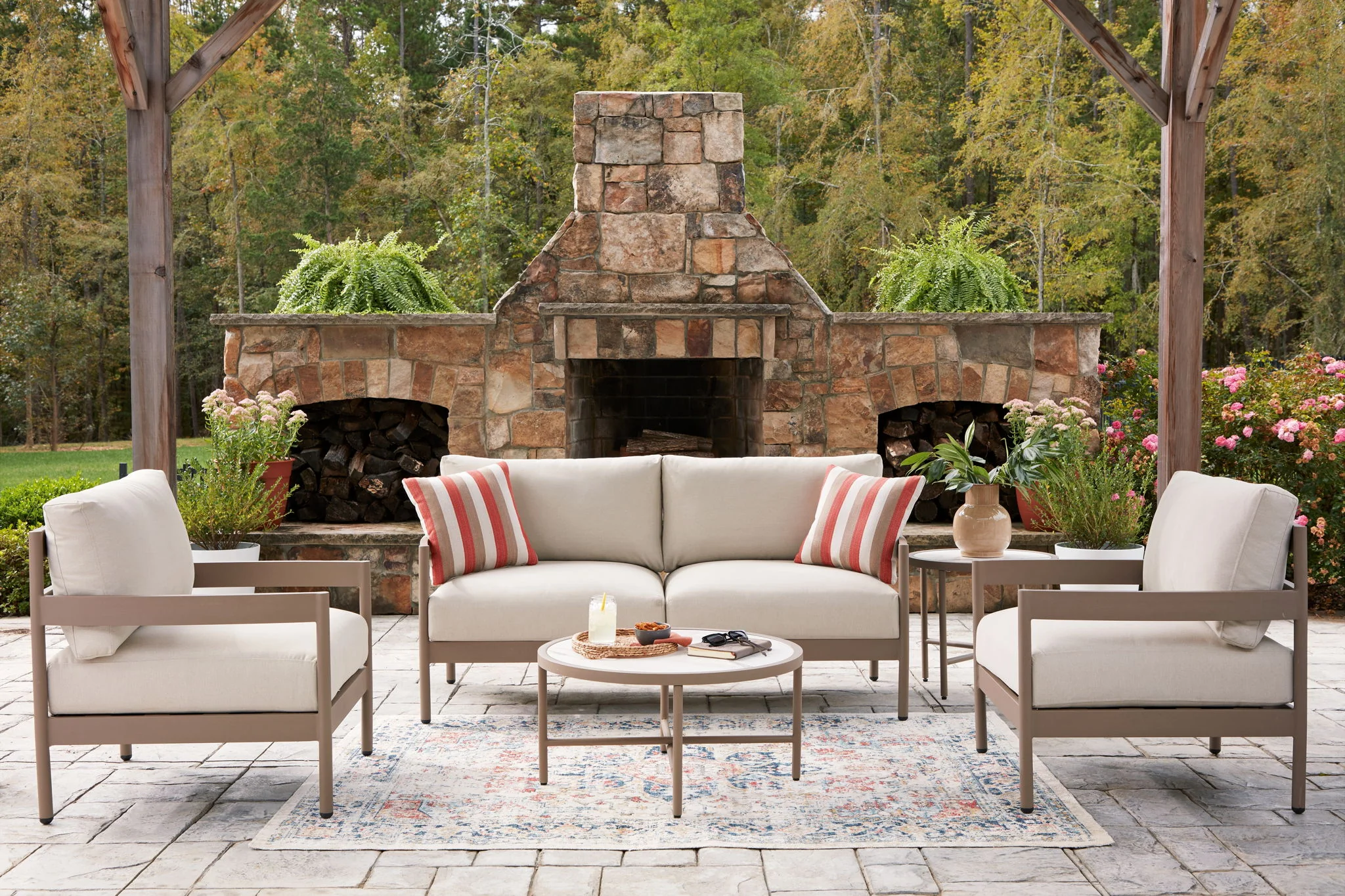 Bluff Trail - Loveseat, Lounge Chairs, Tables Set (Set of 5) - Beige - Image 4