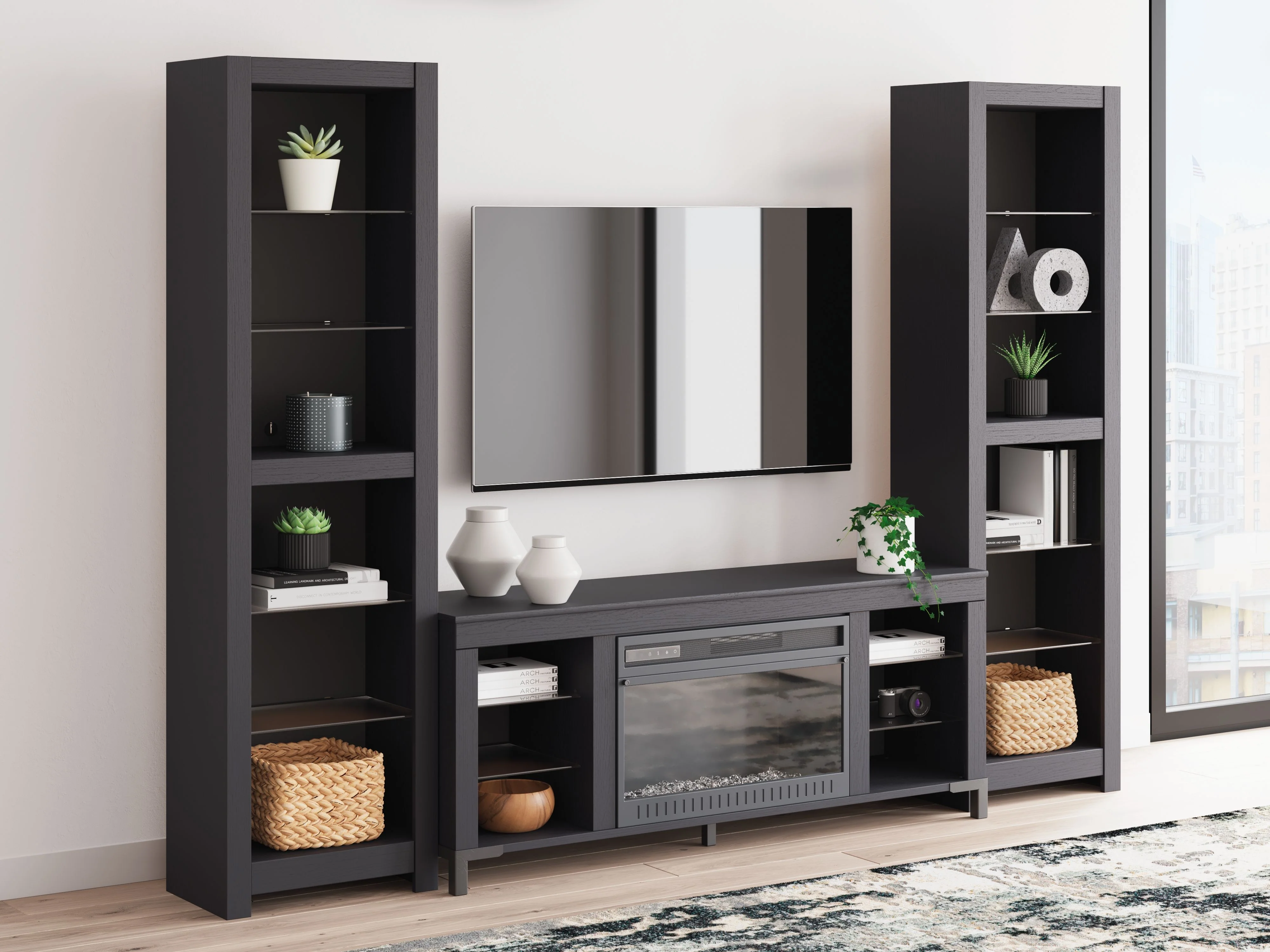 Cayberry - 3-Piece Entertainment Center With Electric Fireplace - Black - Image 4