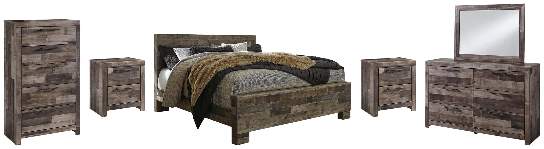 Derekson King Panel Bed with Mirrored Dresser, Chest and 2 Nightstands - Image 2