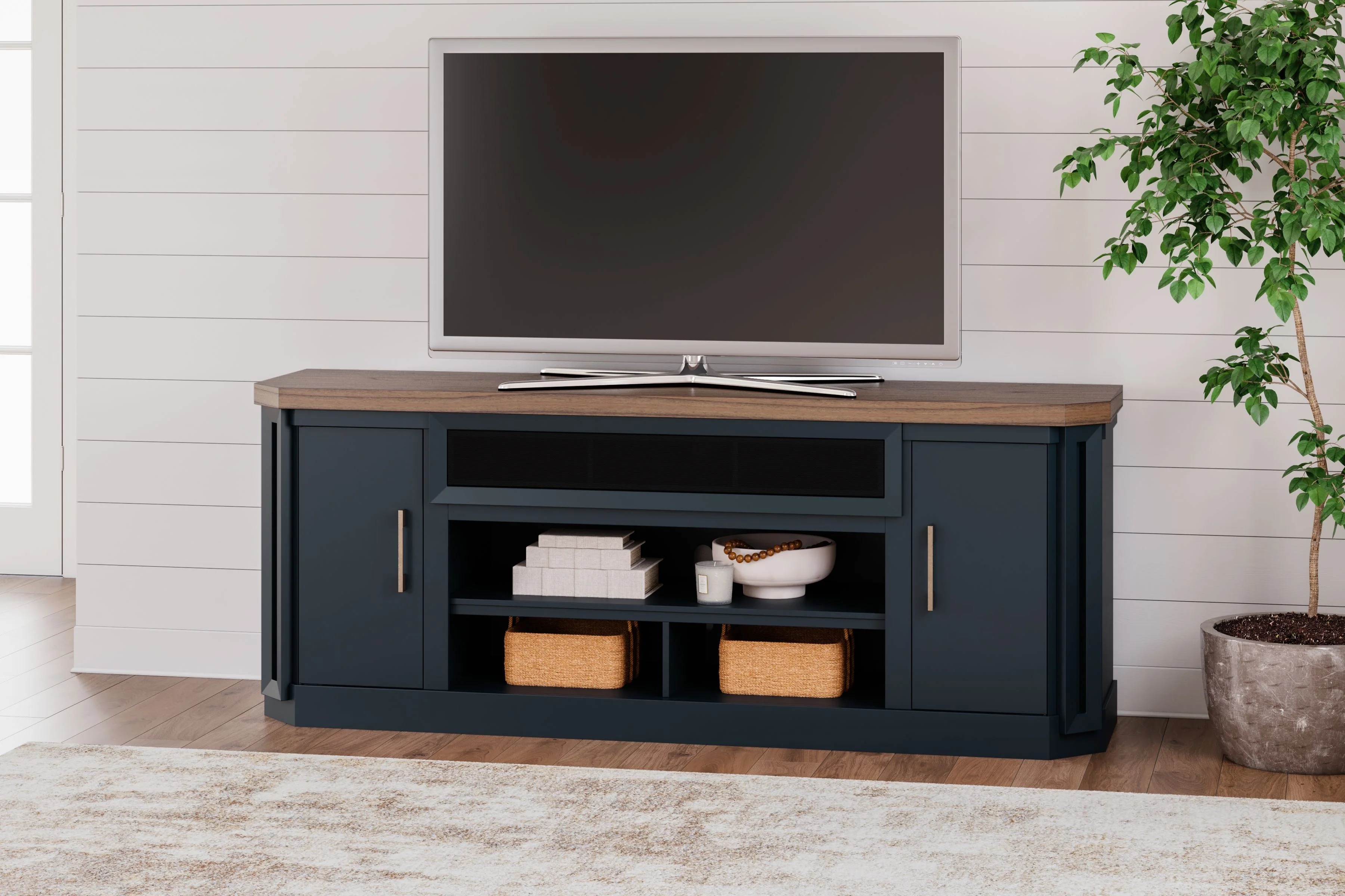 Landocken - XL TV Stand W/Fireplace Option - Brown / Blue - Image 3