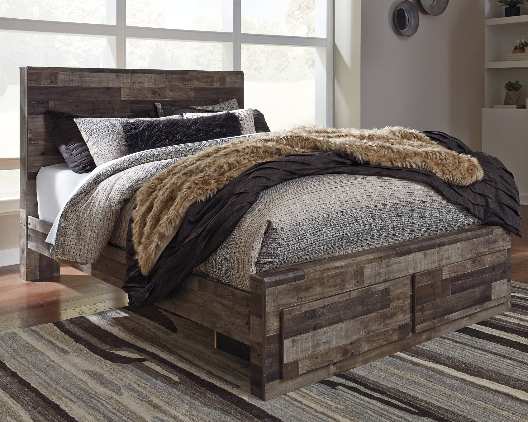 Derekson Queen Panel Bed with 2 Storage Drawers with Mirrored Dresser and Chest - Image 5