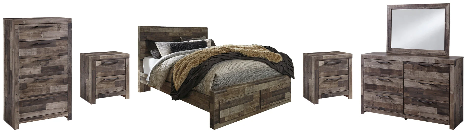 Derekson Queen Panel Bed with 2 Storage Drawers with Mirrored Dresser, Chest and 2 Nightstands - Image 2