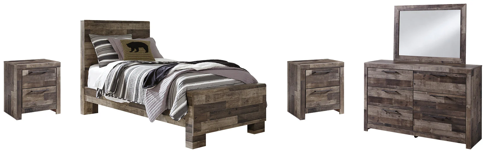 Derekson Twin Panel Bed with Mirrored Dresser and 2 Nightstands - Image 2